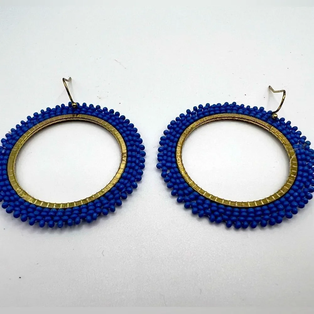 *3/$20* boho gold tone and blue seed bead hoop earrings